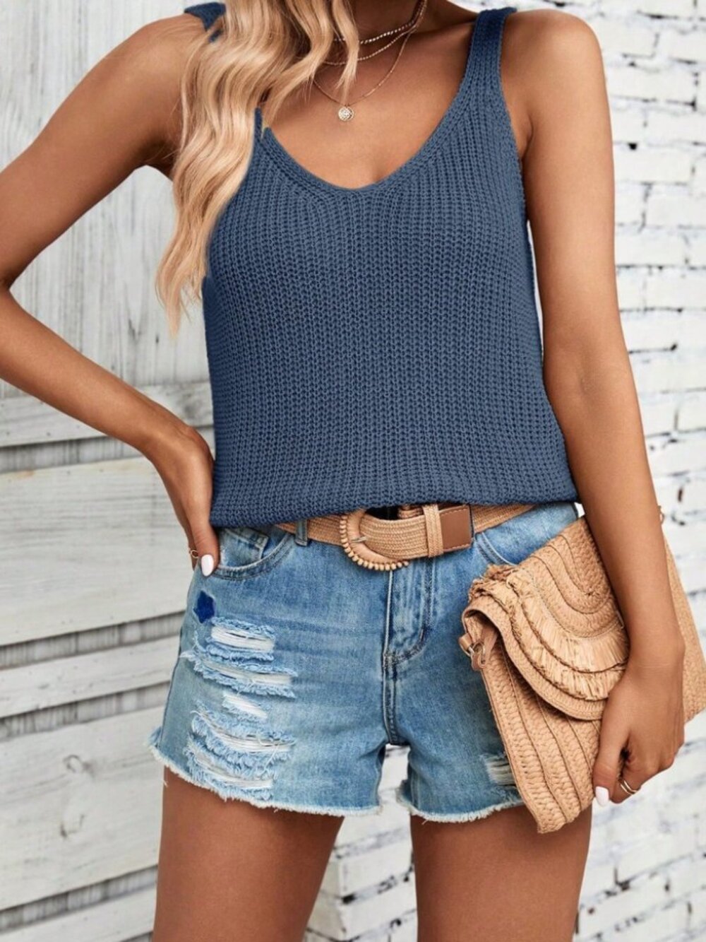 Navy Blue Ribbed Knit V-Neck Tank Top